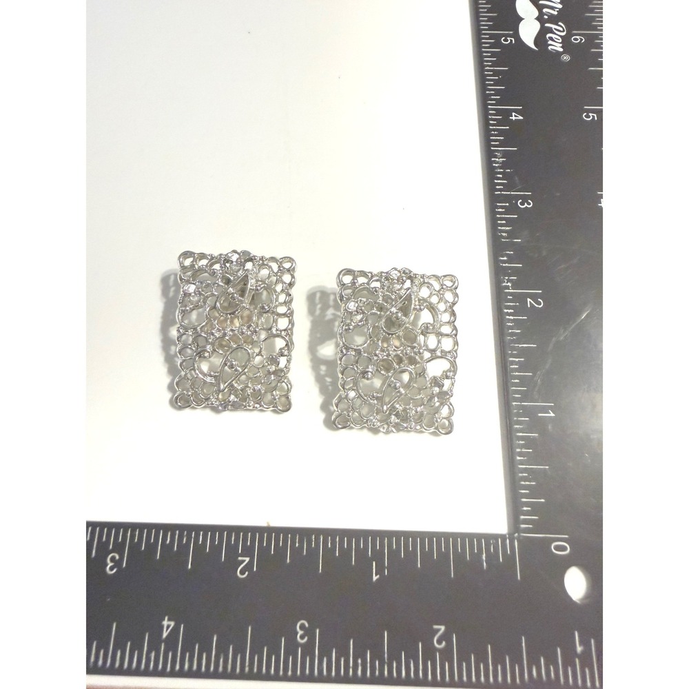 Vintage Emmons Silver Tone Filigree Clip On Earrings Rectangular Openwork Lace